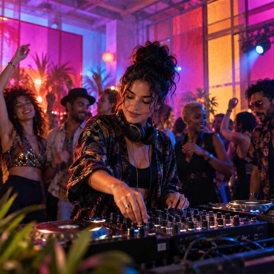 DJ tocando em evento colorido para uma publicação de cultura